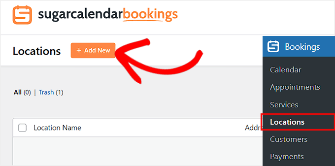 Click Add New to add a location in Sugar Calendar Bookings Click Add New to add a location in Sugar Calendar Bookings