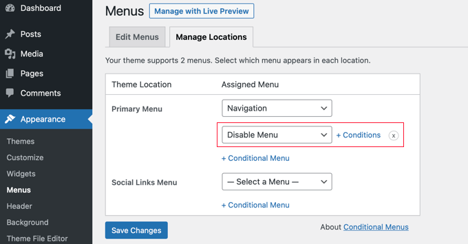 Select Disable Menu From the Drop Down Select Disable Menu From the Drop Down