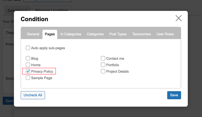 Select the Pages Where the Menu Should Be Displayed Select the Pages Where the Menu Should Be Displayed
