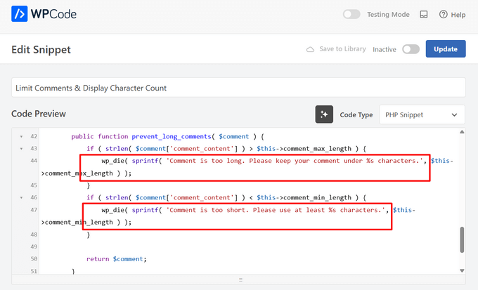 Edit comment length message in the snippet