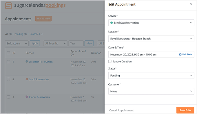 Edit reservation in Sugar Calendar Bookings Edit reservation in Sugar Calendar Bookings