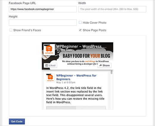 Impostazioni del plugin Pagina di Facebook