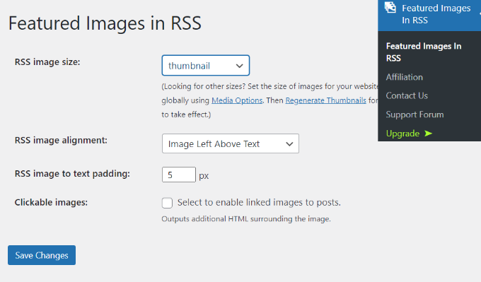 Featured images in RSS settings Featured images in RSS settings