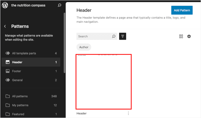 Editing the header pattern Editing the header pattern