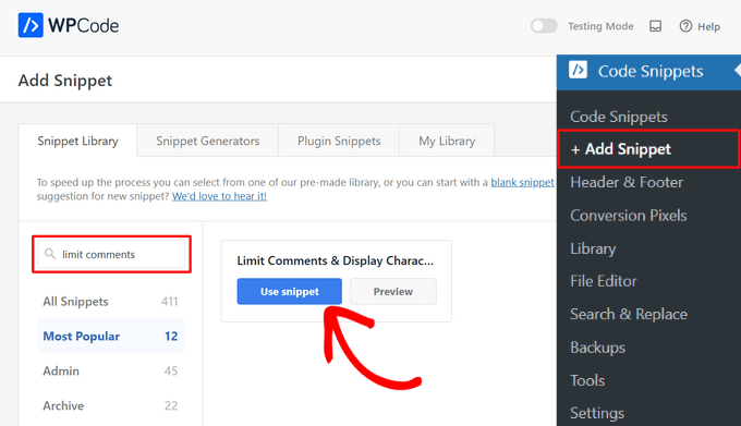 Find the snippet for limiting comment length in the WPCode library