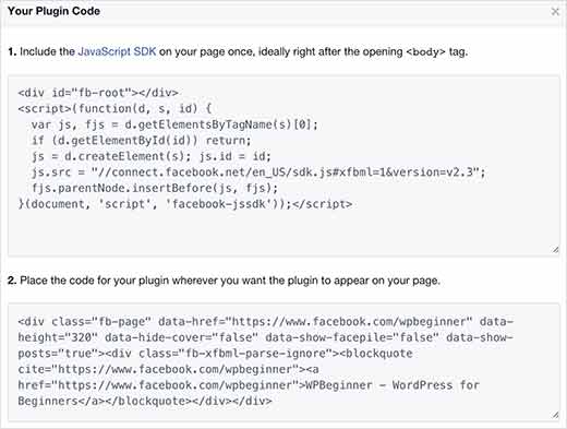 Codice del plugin Pagina di Facebook
