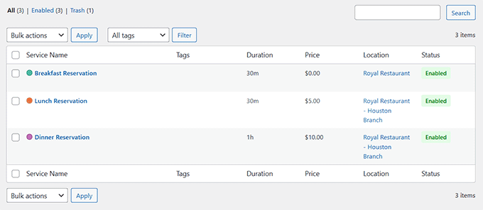 Preview of services created for the restaurant in Sugar Calendar Bookings Preview of services created for the restaurant in Sugar Calendar Bookings