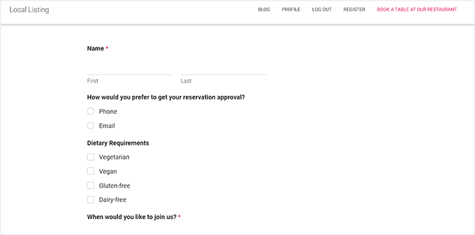 Restaurant reservation form preview Restaurant reservation form preview