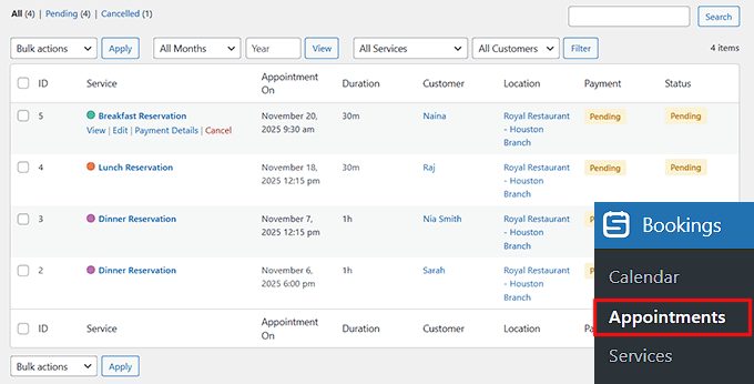 View restaurant reservations in Sugar Calendar Bookings View restaurant reservations in Sugar Calendar Bookings