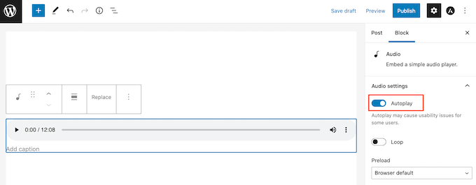 The WordPress autoplay and loop settings The WordPress autoplay and loop settings