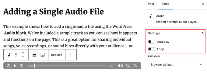 WordPress Audio Block Settings WordPress Audio Block Settings