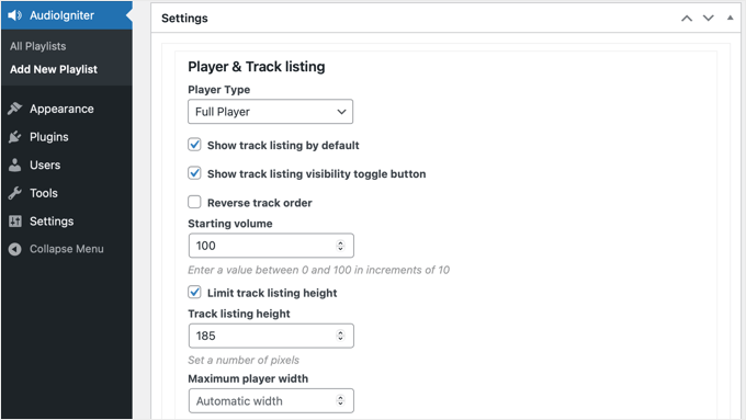 AudioIgniter Playlist Settings AudioIgniter Playlist Settings
