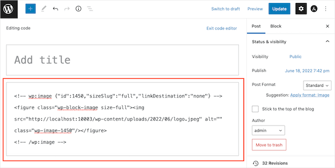 WordPress kod düzenleyicisindeki wp:image dizesi