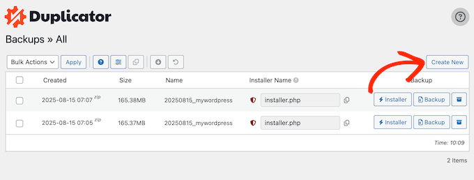 Creating a new WordPress backup Creating a new WordPress backup