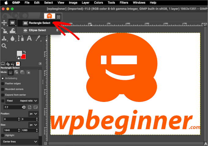 GIMP'in dikdörtgen seçim aracı