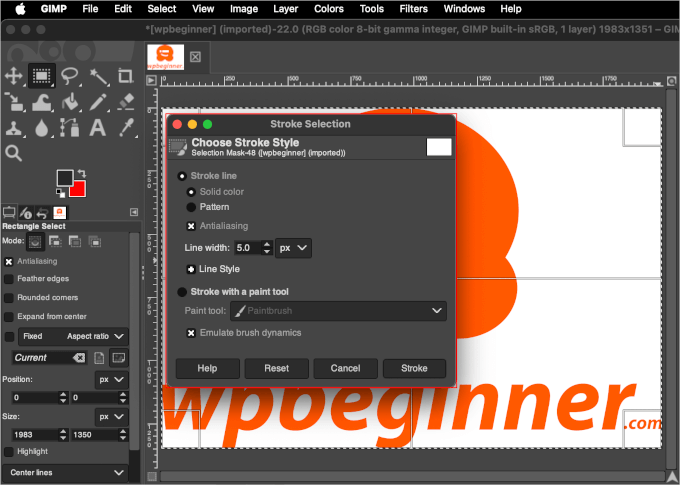GIMP'in seçim çizme açılır penceresi