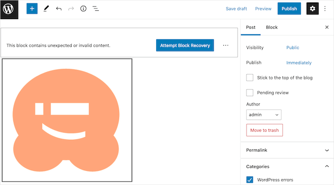 WordPress blok düzenleyicisinde bir resim kenarlığı hata mesajı