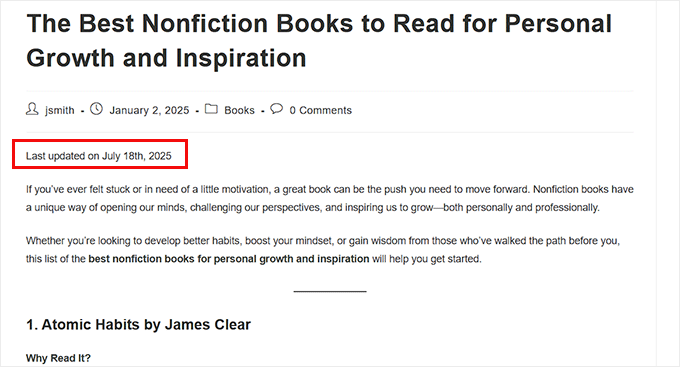 Preview of the last updated date shown in posts