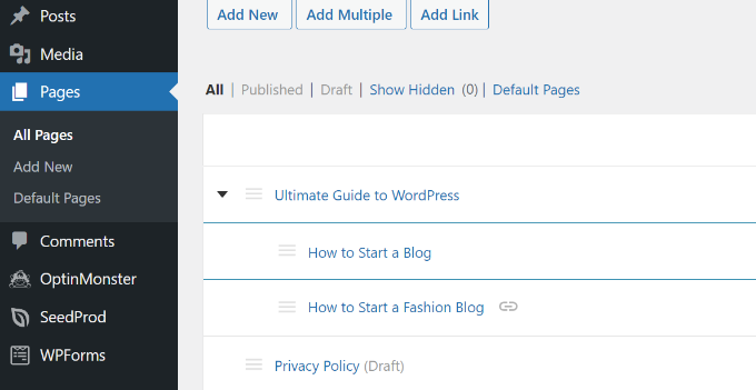 Unterseiten im Dashboard anzeigen
