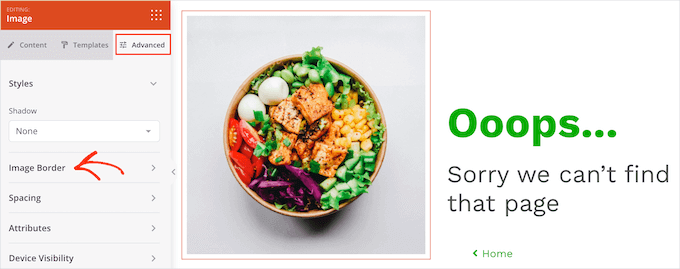 SeedProd ile bir resme kenarlık eklemek için Resim Kenarlığı bölümü