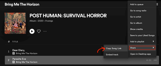 L'URL 'Condividi' di Spotify