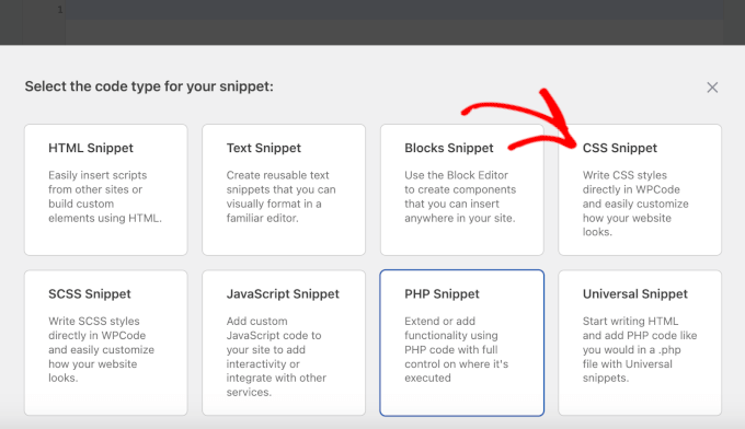 Selecting CSS Snippet as the Code Type Selecting CSS Snippet as the Code Type