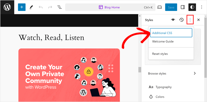 Opening the Additional CSS menu in full-site editor Opening the Additional CSS menu in full-site editor