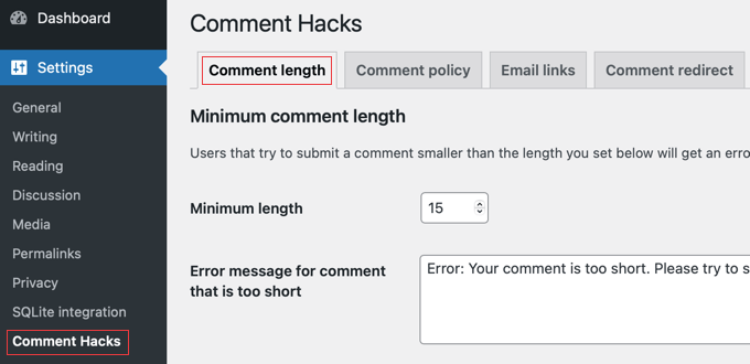 Comment Hacks - Lunghezza minima del commento