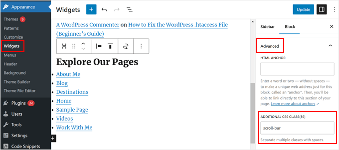 Adding a CSS class in the widget editor Adding a CSS class in the widget editor