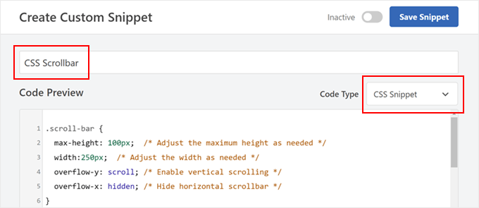 Inserting custom CSS to create a scrollbar in WPCode Inserting custom CSS to create a scrollbar in WPCode