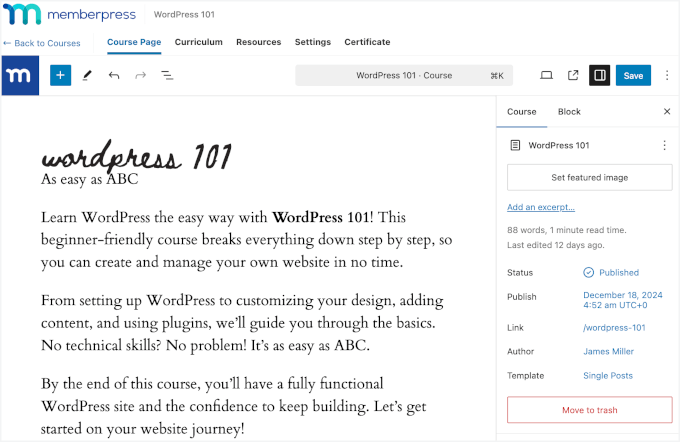 Adding a new course page in MemberPress Adding a new course page in MemberPress
