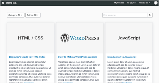 Courses page in MemberPress Courses page in MemberPress