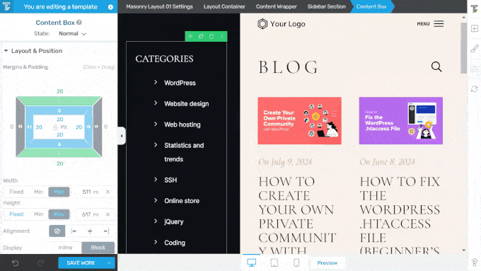 Opening the Layout and Position menu in Thrive Architect Opening the Layout and Position menu in Thrive Architect