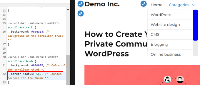 Changing the scrollbar's border radius with CSS Changing the scrollbar's border radius with CSS