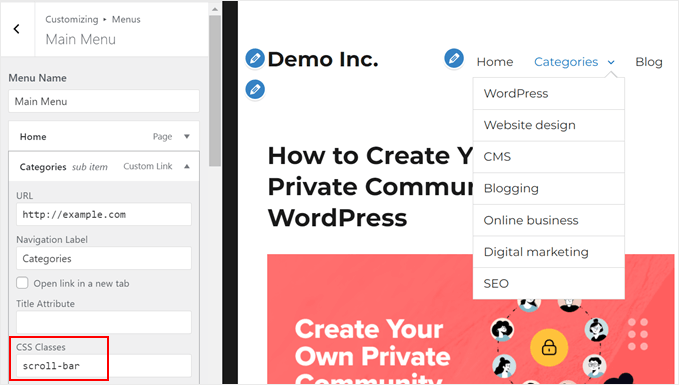 Adding a CSS class to menu item in WordPress theme customizer Adding a CSS class to menu item in WordPress theme customizer