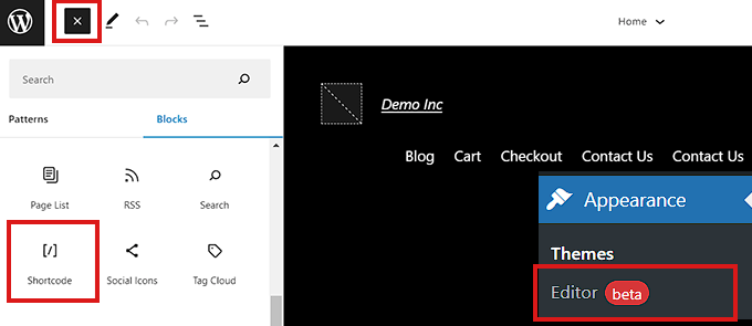Aggiungi il blocco shortcode in FSE