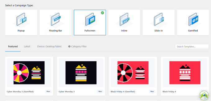 Choose fullscreen campaign type and template Choose fullscreen campaign type and template