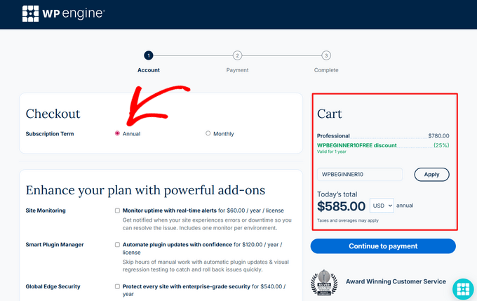 WP Engine Annual Subscription and checkout with our exclusive WP Engine coupon WPBEGINNER10