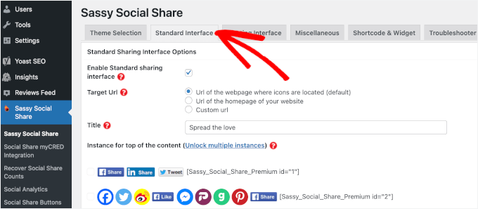 The Standard Interface tab in Sassy Social Share The Standard Interface tab in Sassy Social Share