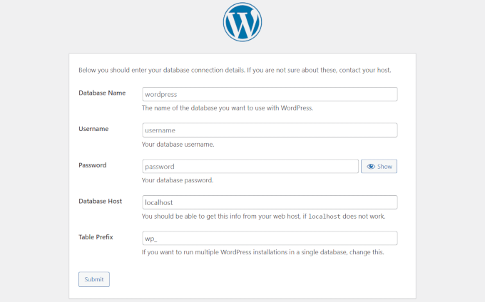 WordPress database settings during installation WordPress database settings during installation