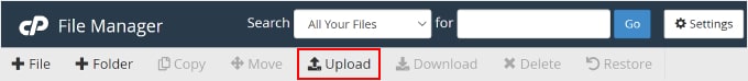 Clicking the Upload button on Bluehost's File Manager Clicking the Upload button on Bluehost's File Manager