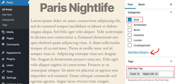 Adăugarea categoriilor și etichetelor la o postare