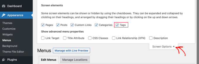 Opțiuni ecran pe pagina Meniuri