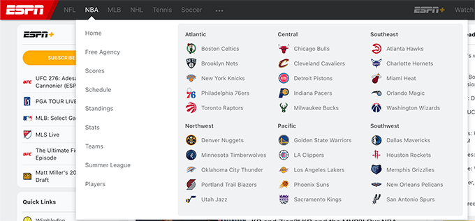 Exemplu de subiecte în meniul site-ului - ESPN