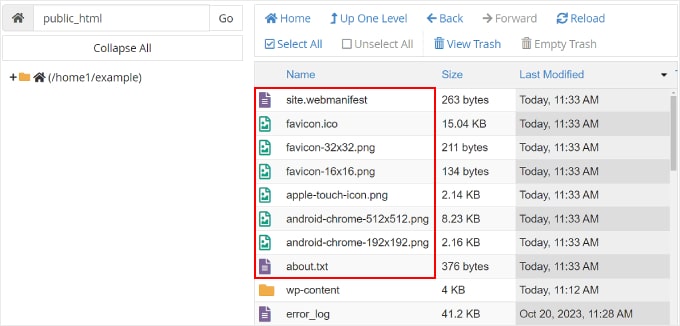 What the root directory looks like when the favicon files are uploaded What the root directory looks like when the favicon files are uploaded