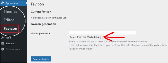 Navigating to the Favicon by RealFaviconGenerator plugin on the WordPress dashboard Navigating to the Favicon by RealFaviconGenerator plugin on the WordPress dashboard