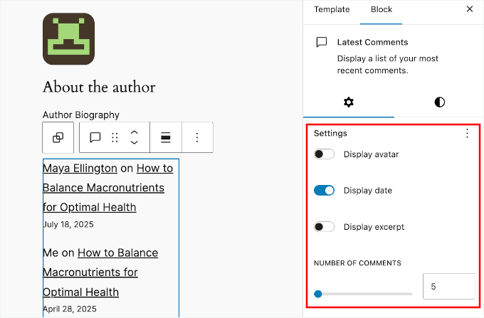 Adjusting the Latest Comments block's settings