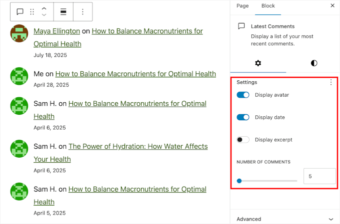 Adjusting the Latest Comments block's settings