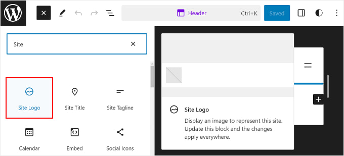 Opening the block inserter to find the Site Logo block Opening the block inserter to find the Site Logo block