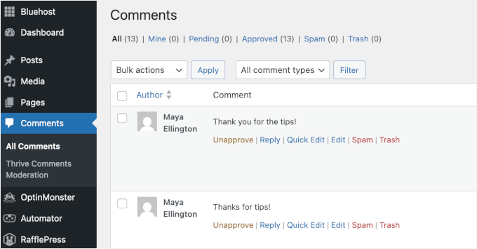 All Comments options in WordPress